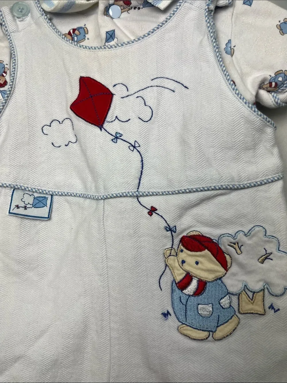Baby Grand two piece baby blue romper bear flying kite appliqué & print polo